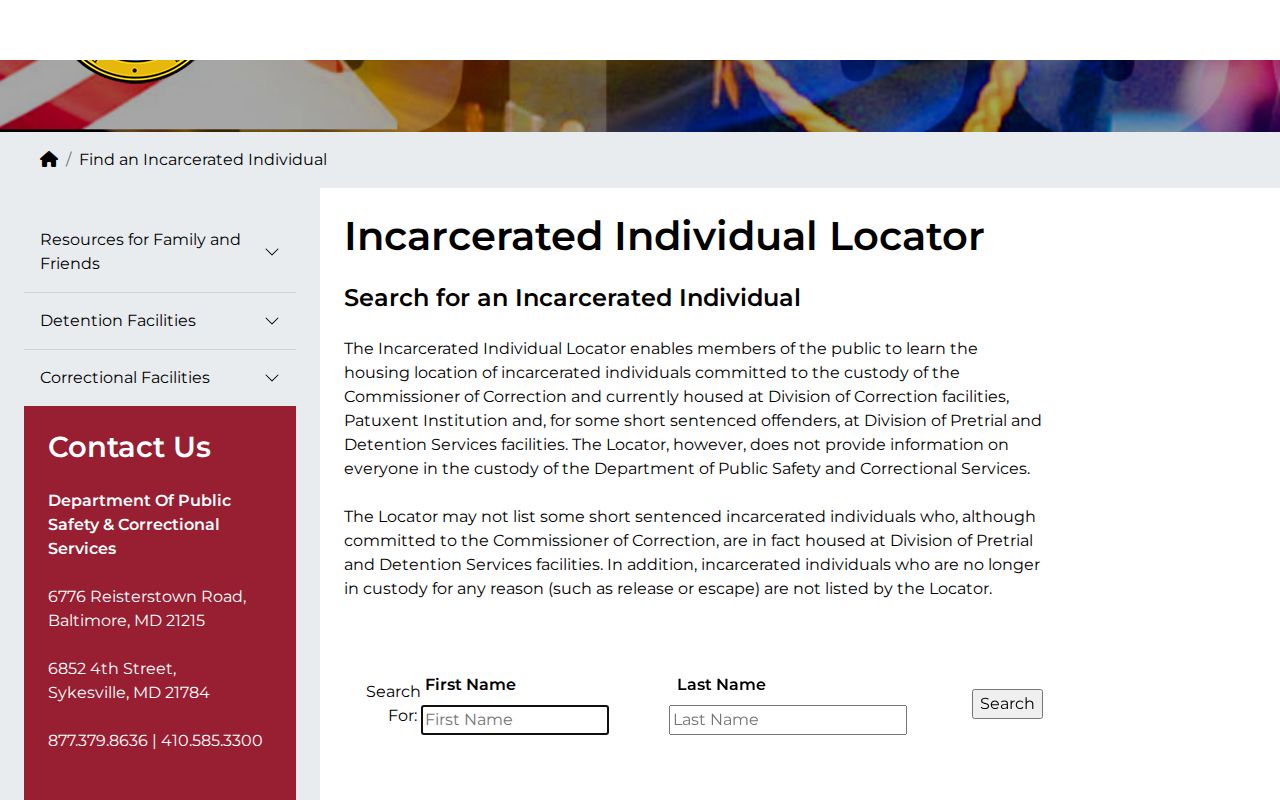 Maryland DPSCS Allegany County state custody record locator