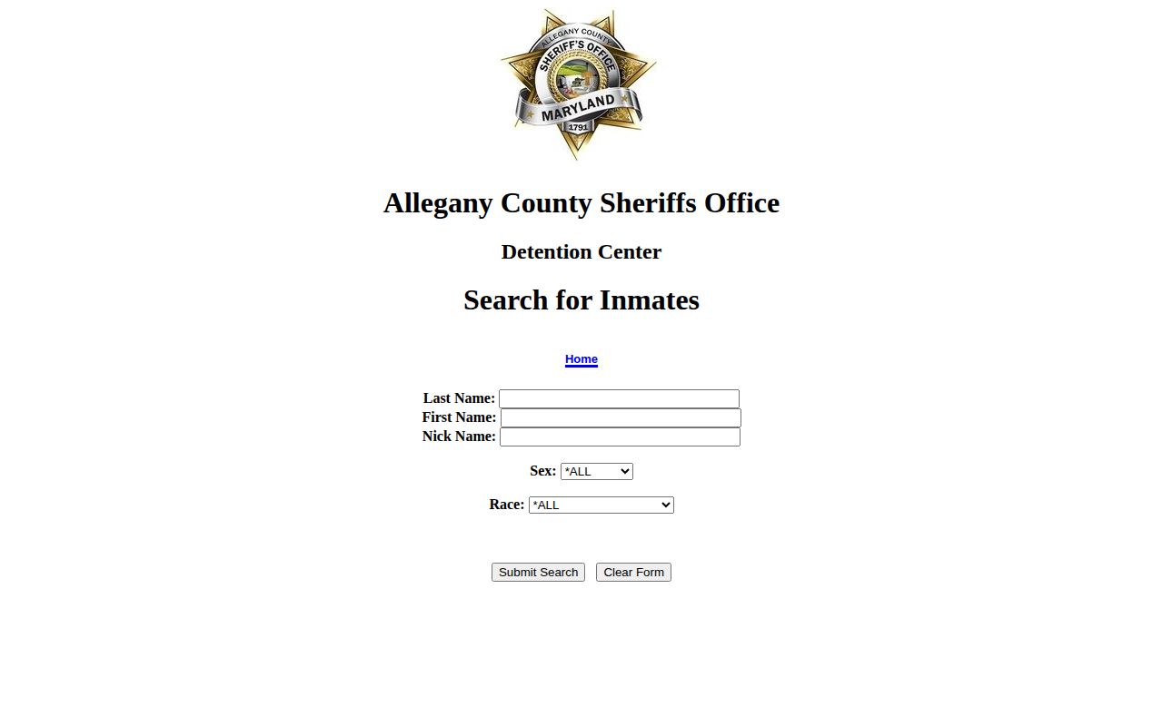 Allegany County current jail roster booking record search